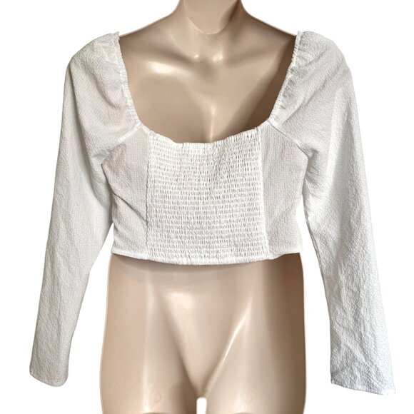 Astr The Label Cream Textured Cropped Top Size XL Long Sleeve Puff Shoulder Stre - Picture 2 of 9